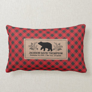 Lumberjack Buffalo Plaid Bear Birth Stats Lumbar Pillow