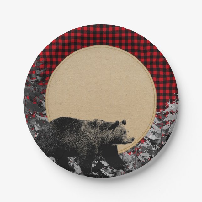 Lumberjack Buffalo Plaid Bear Rustic Cabin Paper Plates (Front)