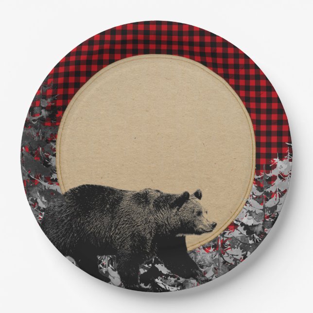 Lumberjack Buffalo Plaid Bear Rustic Cabin Paper Plates (Front)