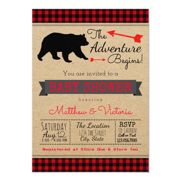 Lumberjack Buffalo Plaid Boys Bear Baby Shower Invitation