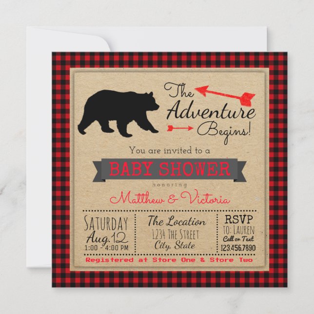 Lumberjack Buffalo Plaid Boys Bear Baby Shower Invitation (Front)