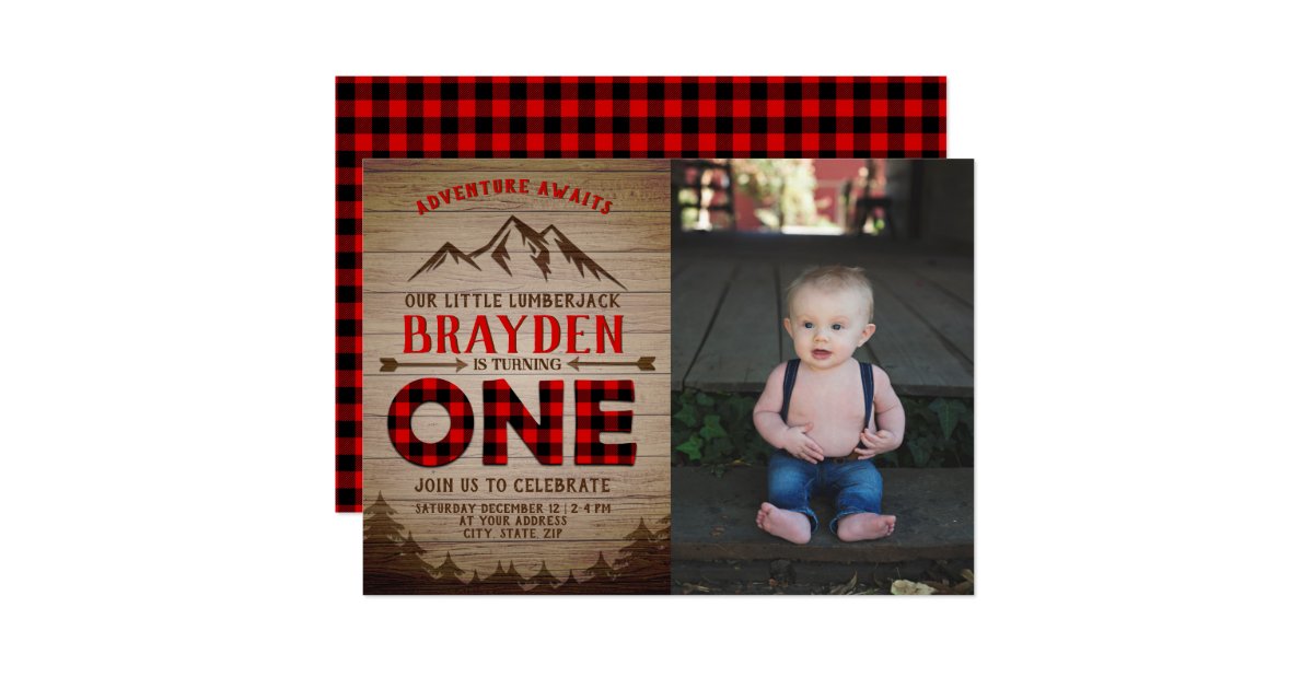 Lumberjack Buffalo Plaid Boys First Birthday Photo Invitation | Zazzle.com