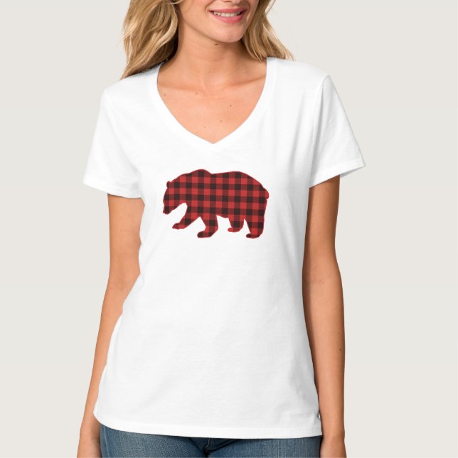Lumberjack Buffalo Plaid Check Christmas Bear T-Shirt (Front)