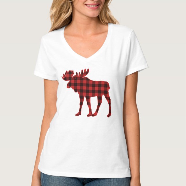 Lumberjack Buffalo Plaid Check Christmas Moose T-Shirt (Front)