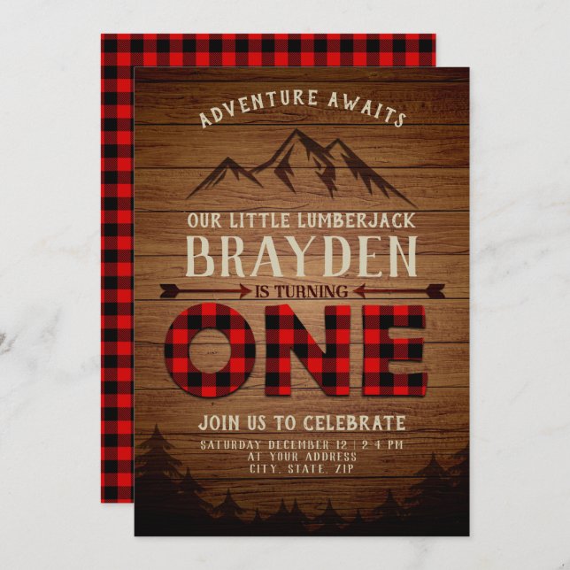 Lumberjack Buffalo Plaid First Birthday Invitation (Front/Back)