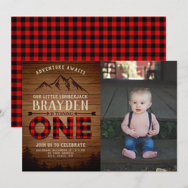Lumberjack Buffalo Plaid First Birthday Photo Invitation (Front/Back)