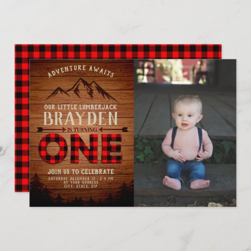 Lumberjack Buffalo Plaid First Birthday Photo Invitation