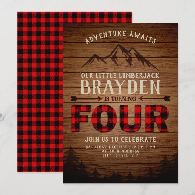 Lumberjack Buffalo Plaid Fourth Birthday Invitation (Front/Back)