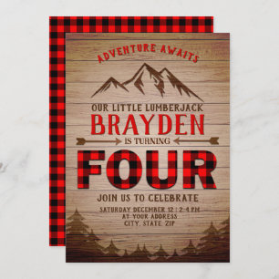Lumberjack Buffalo Plaid Outdoor Fourth Birthday Invitation
