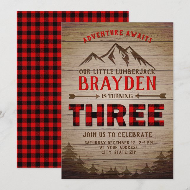 Lumberjack Buffalo Plaid Outdoor Third Birthday Invitation (Front/Back)