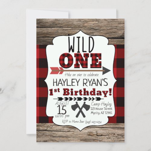 Lumberjack Buffalo Plaid Wild One 1st Birthday Invitation