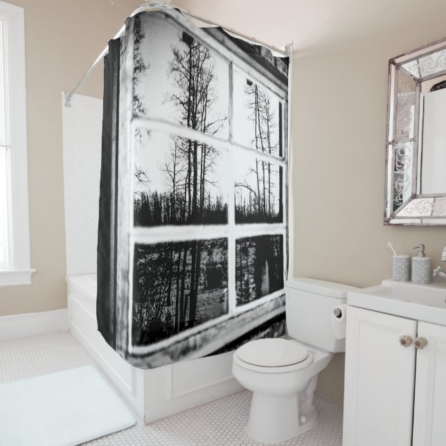Lumberjack Cabin Window // B W Grainy Shower Curtain (In Situ)