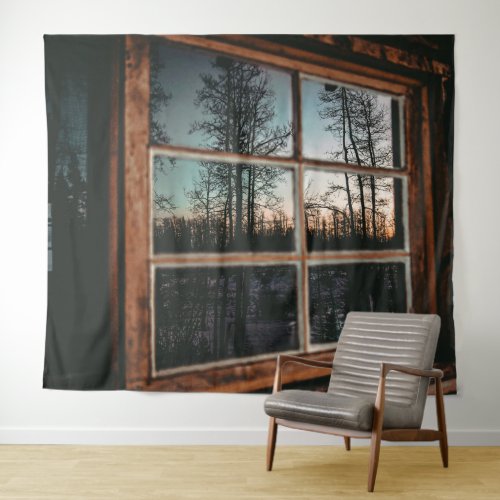 Lumberjack Cabin Window  Grainy Sunset Tapestry