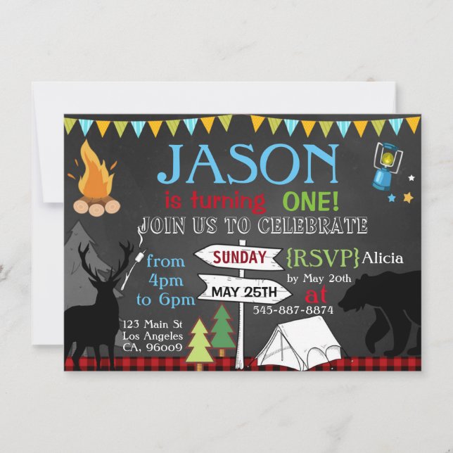 Lumberjack Camping first birthday party invitation (Front)