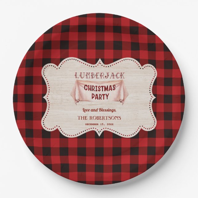 Lumberjack Christmas Party Red Buffalo Wood Paper Plates (Front)