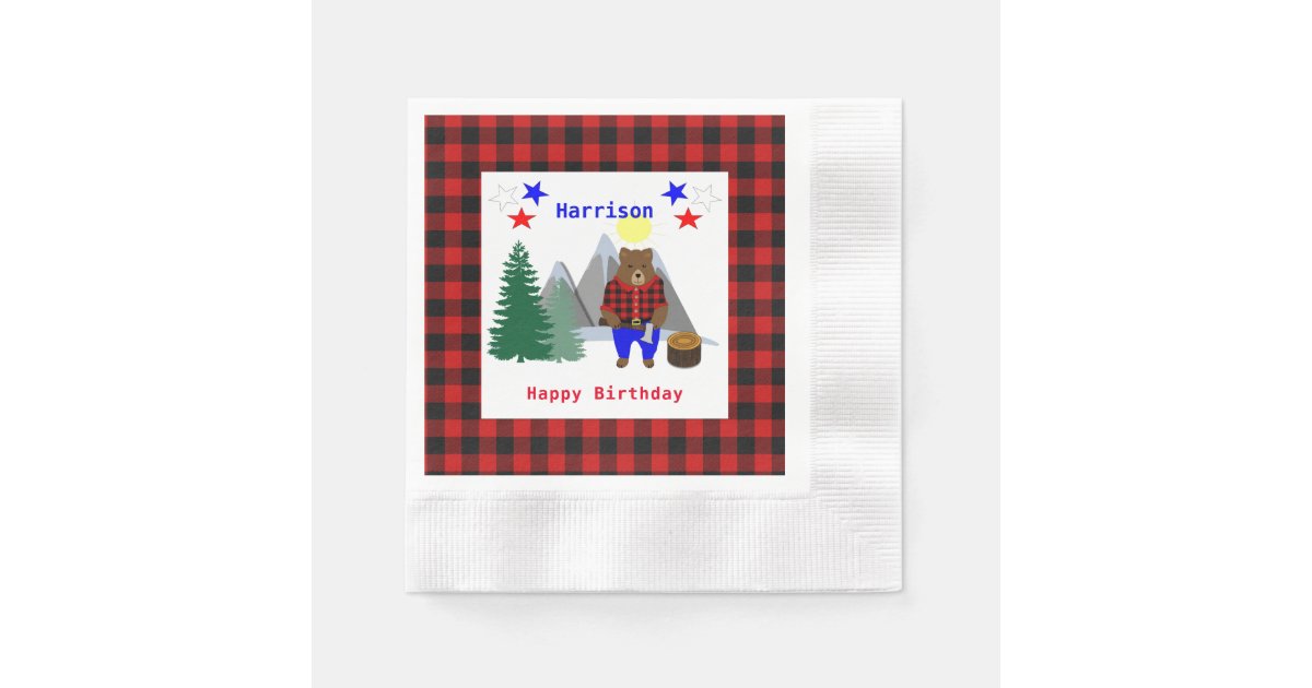 Lumberjack Cute Bear Plaid Happy Birthday Napkin Zazzle Com