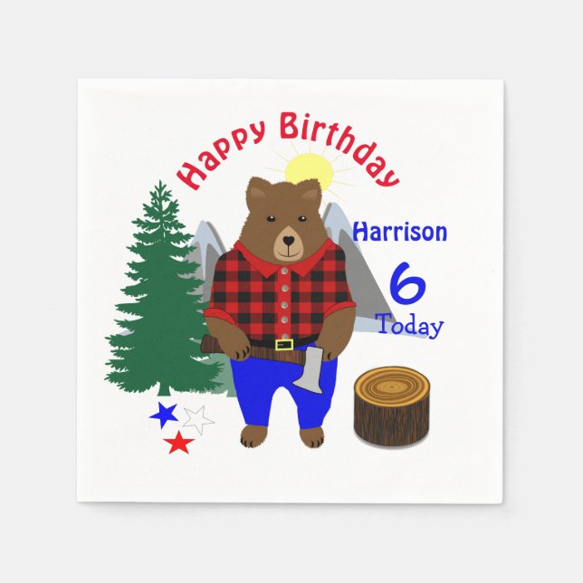 Lumberjack Cute Bear Plaid Happy Birthday Napkins (Front)