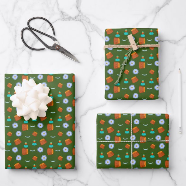 Lumberjack Equipment Pattern Tree Stump Green Wrapping Paper Sheets (Front)