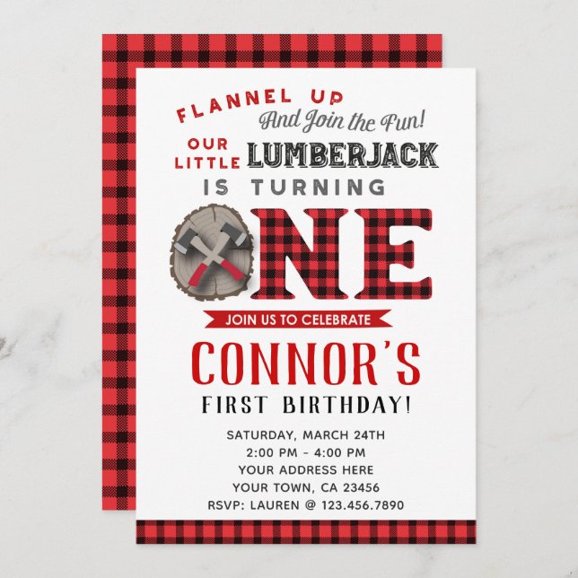 Lumberjack First Birthday Invitation (Front/Back)