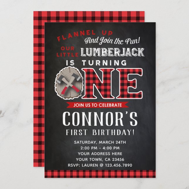Lumberjack First Birthday Invitation Chalkboard (Front/Back)
