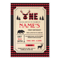 LUMBERJACK FIRST BIRTHDAY INVITE WOODLAND CHECK