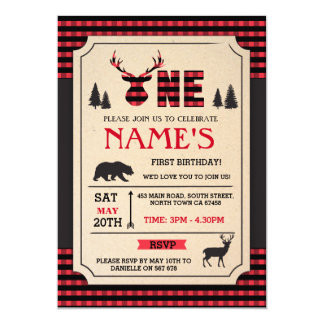 LUMBERJACK FIRST BIRTHDAY INVITE WOODLAND CHECK