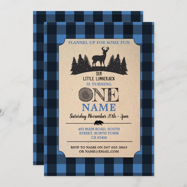 Lumberjack First Birthday ONE Blue Flannel Invite (Front/Back)