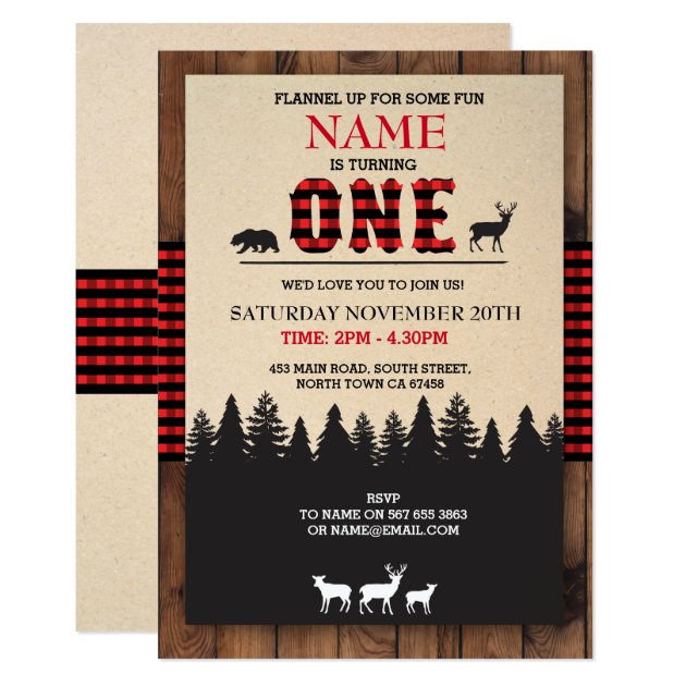 Lumberjack First Birthday ONE Red Check Invite