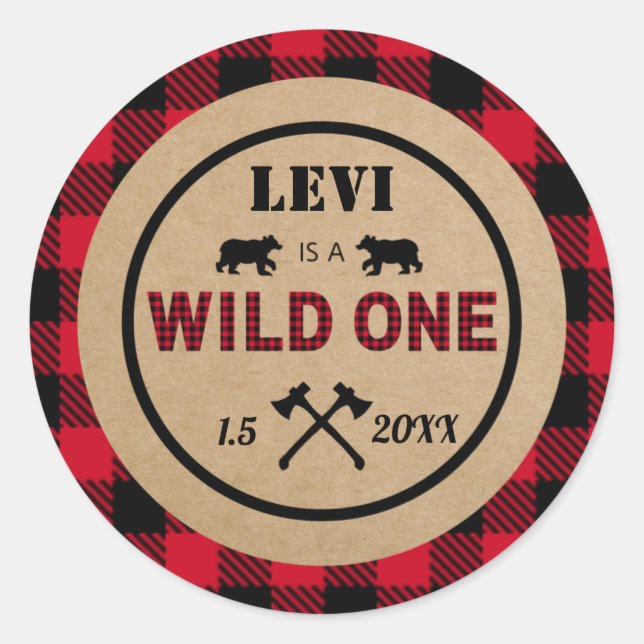 Lumberjack First Birthday, Wild One Favor Classic Round Sticker (Front)