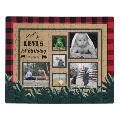 Lumberjack First Birthday Wild One Photo Collage Jigsaw Puzzle