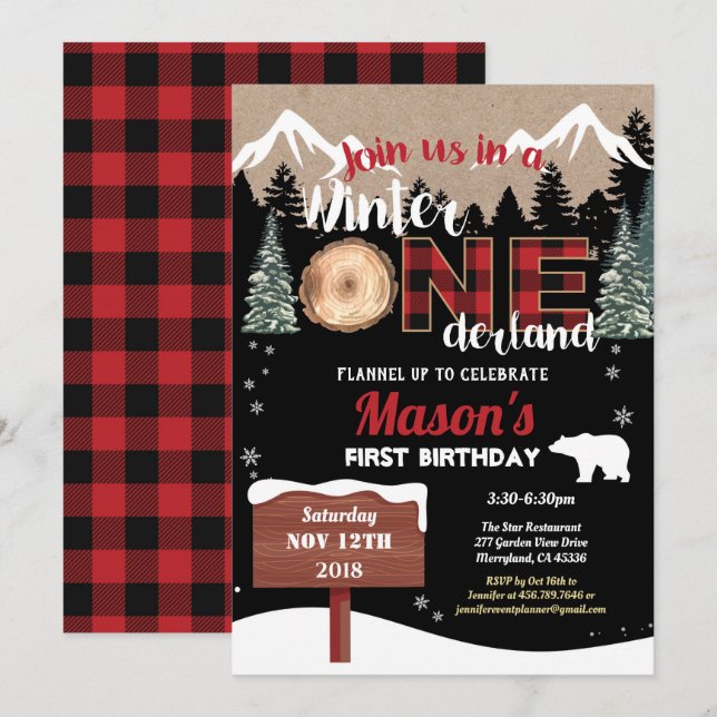 Lumberjack first birthday winter Onederland bear Invitation (Front/Back)
