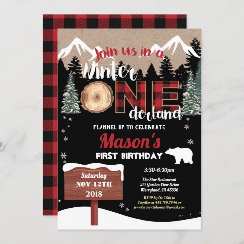 Lumberjack first birthday winter Onederland bear Invitation