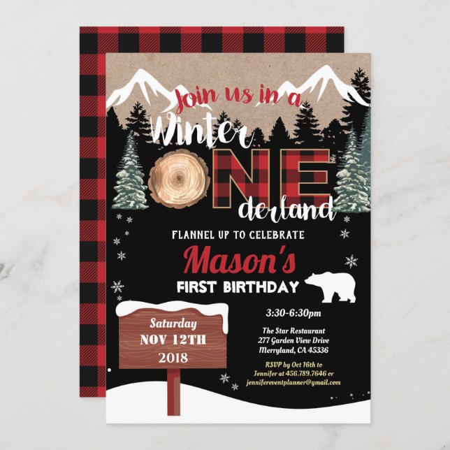 Lumberjack first birthday winter Onederland bear Invitation (Front/Back)