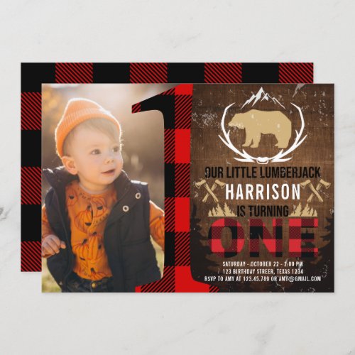 Lumberjack First Birthday Wood Plaid Photo Invitation