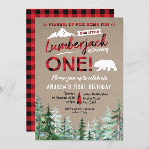 Lumberjack First Birthday Woodland Invitation