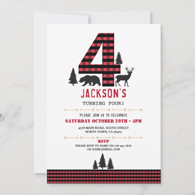 Lumberjack Flannel 4th 4 Birthday Party Invitation (Front)