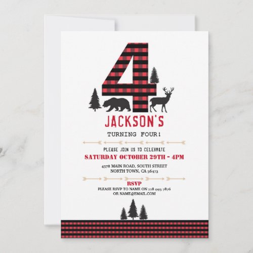 Lumberjack Flannel 4th 4 Birthday Party Invitation