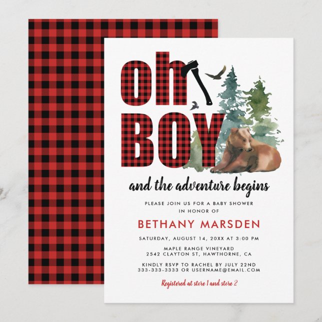 Lumberjack Flannel Bear Boy Baby Shower Invitation (Front/Back)