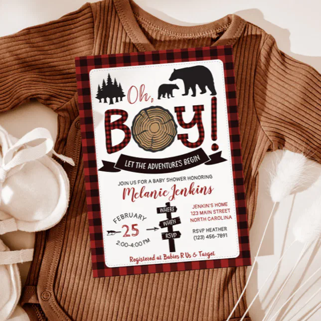 Lumberjack Flannel Boy Baby Shower Invitation Bear Zazzle