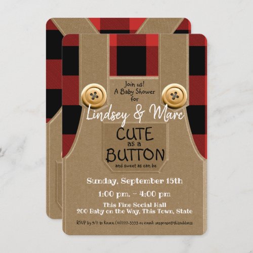 Lumberjack Flannel Cute as a Button Baby Shower Invitation
