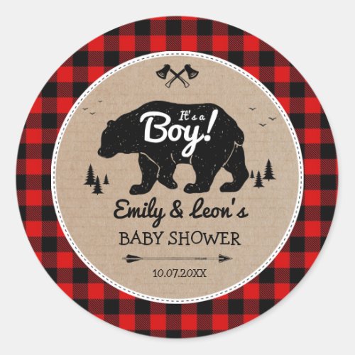 Lumberjack Forest Bear Adventure Boy Baby Shower Classic Round Sticker