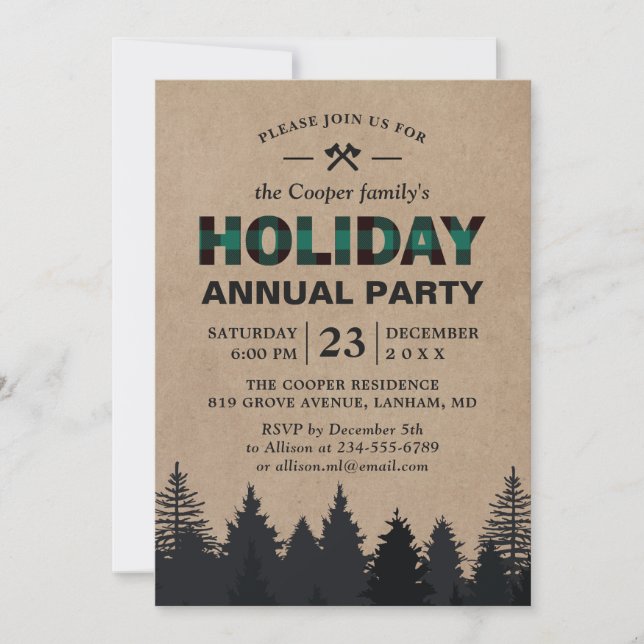 Lumberjack Green Buffalo Plaid Pines Holiday Party Invitation (Front)
