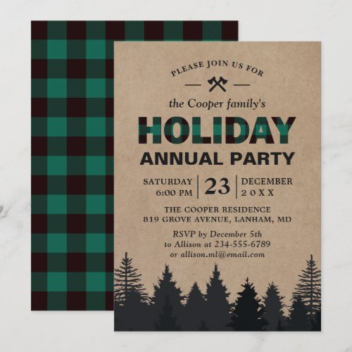 Lumberjack Green Buffalo Plaid Pines Holiday Party Invitation