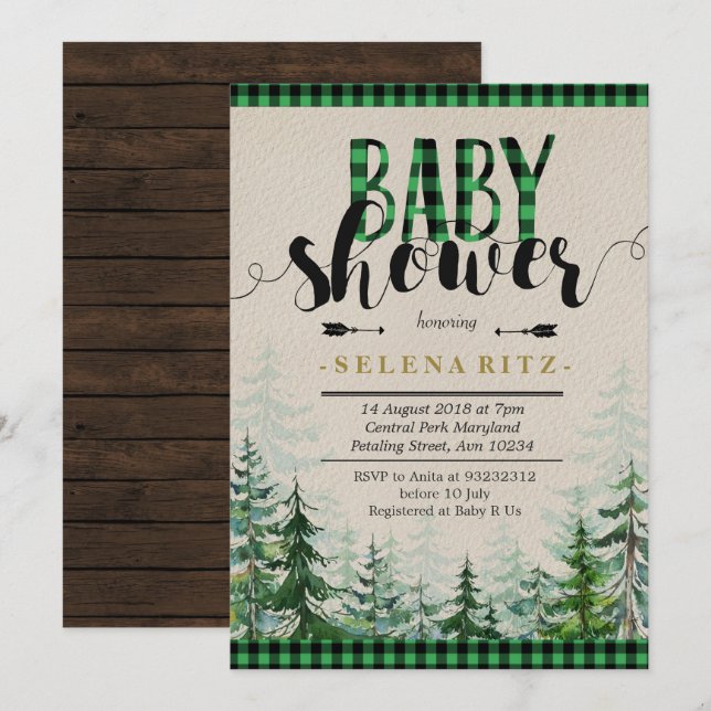 Lumberjack Green Plaid Boy Baby Shower Invitation (Front/Back)