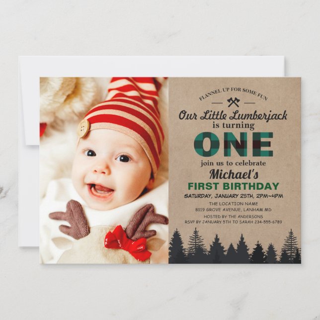 Lumberjack Green Plaid First Birthday Baby Photo Invitation (Front)