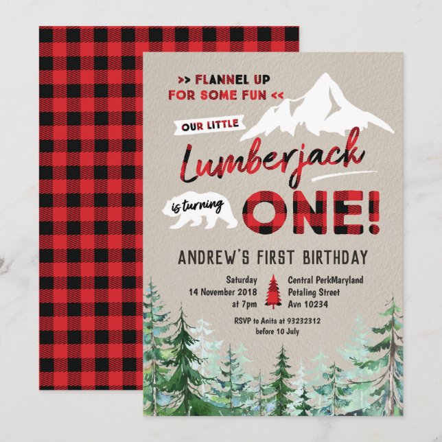Lumberjack is turning one birthday invitation (Front/Back)