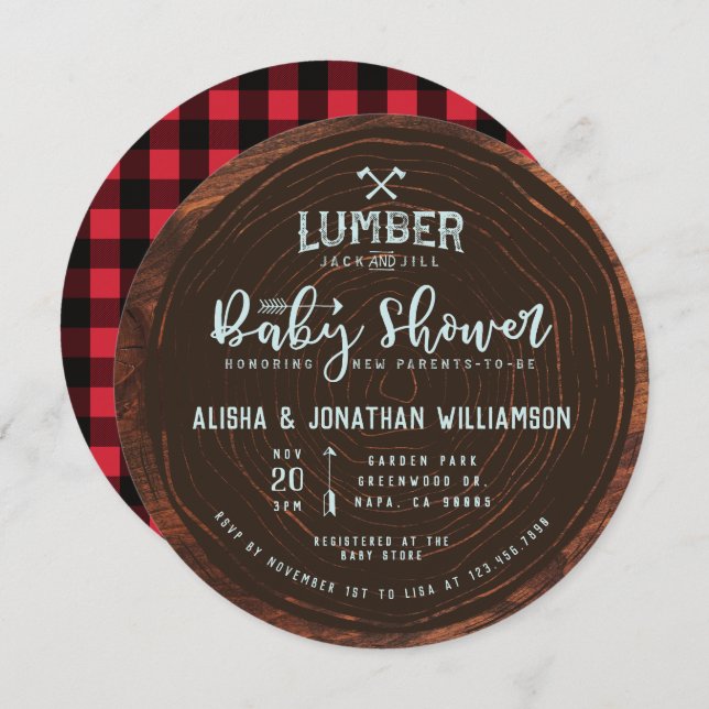 Lumberjack & Jill Baby Boy Shower Wood & Red Plaid Invitation (Front/Back)
