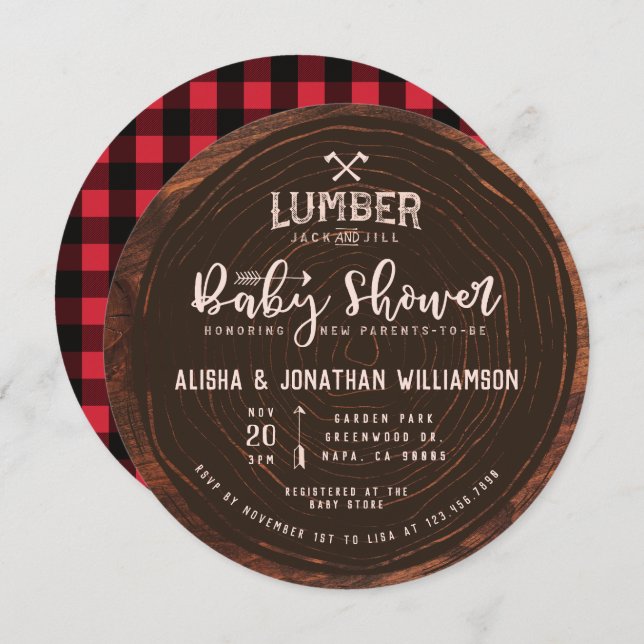 Lumberjack & Jill Baby Girl Shower Wood Red Plaid Invitation (Front/Back)