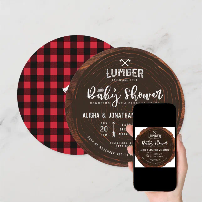 Lumberjack & Jill Baby Shower Wood & Red Plaid Invitation Zazzle
