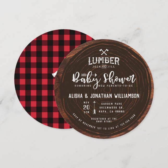 Lumberjack & Jill Baby Shower Wood & Red Plaid Invitation (Front/Back)
